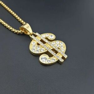 New Big Gold Dollar Sign Rhinestone Necklace